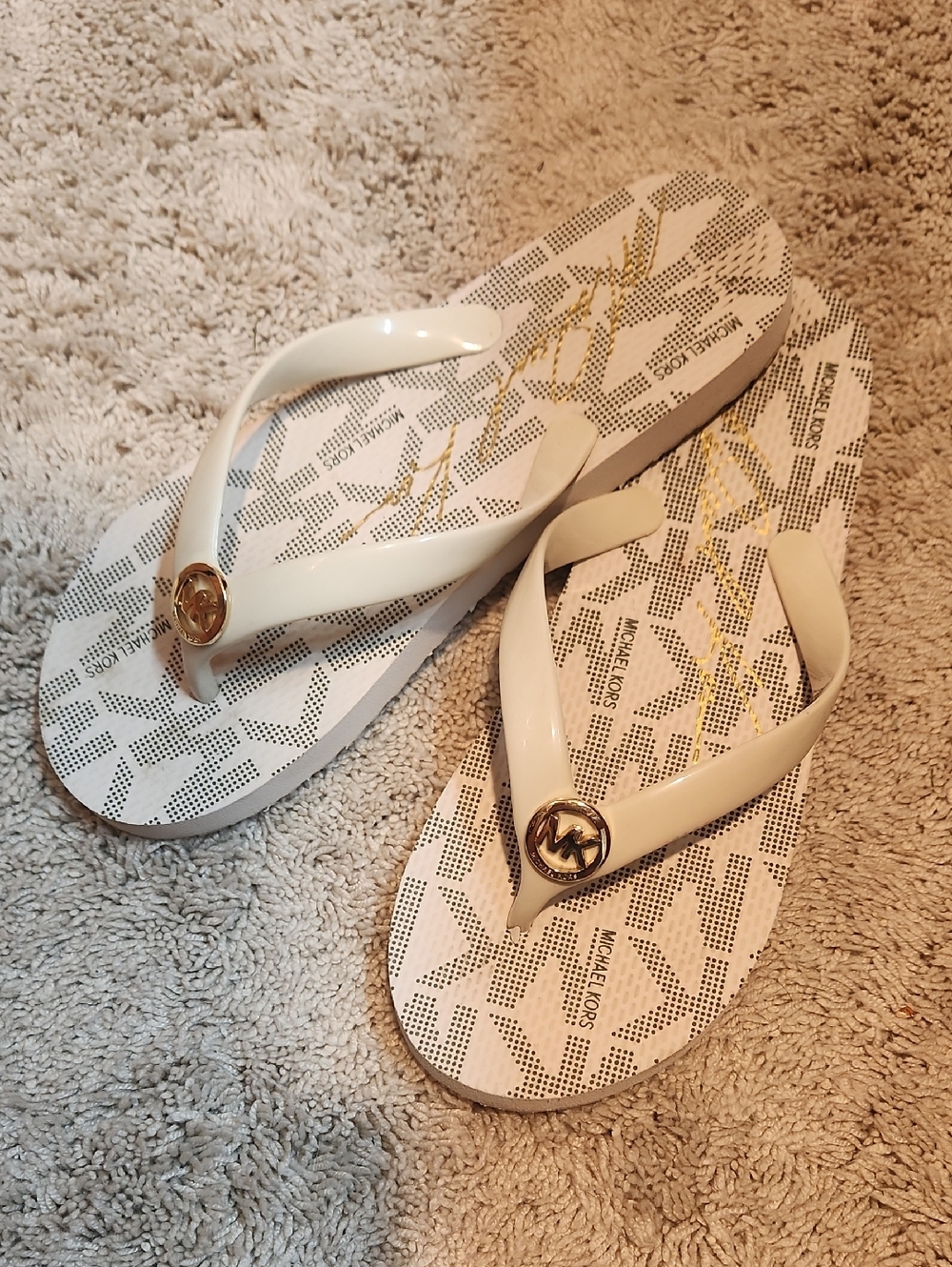 Michael Kors Beige and Gold MK Logo Thong Sandals
